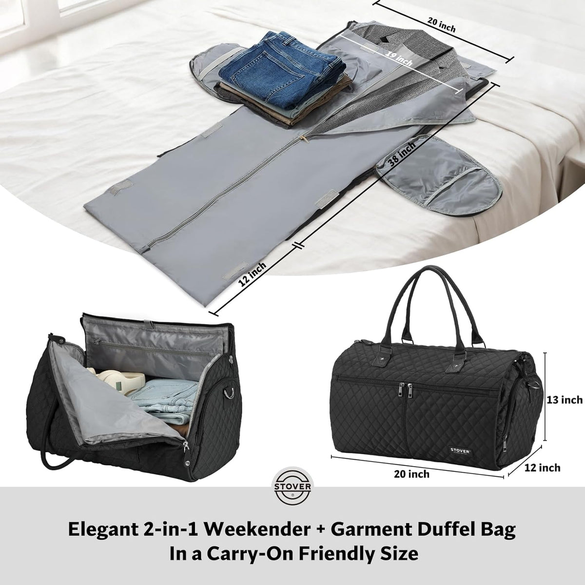 Women’s Convertible Garment Duffel Bag for Travel – 2-in-1 Carry-On Weekender/Overnight Tote - Wrinkle-Free Dresses, Suits & Clothes + Shoe Compartment & Bonus Toiletry Bag (Emerald Green)