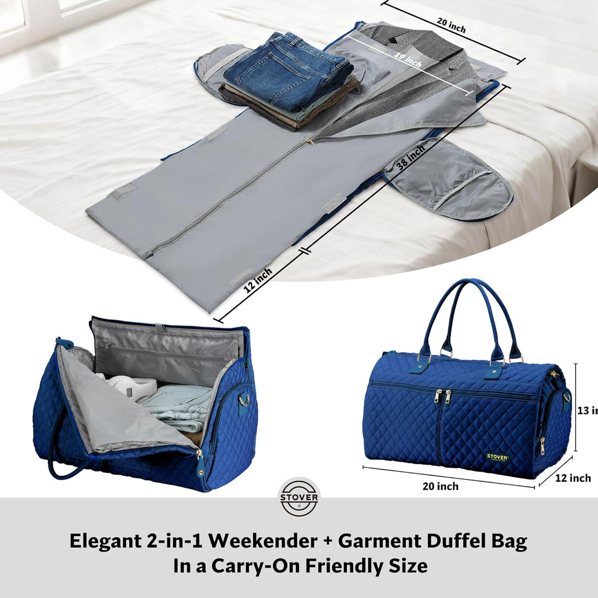 Women’s Convertible Garment Duffel Bag for Travel – 2-in-1 Carry-On Weekender/Overnight Tote - Wrinkle-Free Dresses, Suits & Clothes + Shoe Compartment & Bonus Toiletry Bag (Emerald Green)