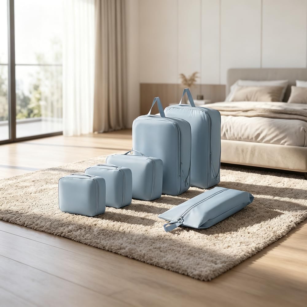 6pcs Set of Compression Packaging Cube- Durable, easy-to-clean polyester material, lightweight travel organizer for baggage and clothing sorting