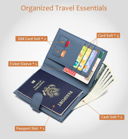 Leather RFID Blocking Passport Holder for Travel Women | Multiple Slim Passport Wallet for Women with Card Slots, Zipper Coin Pocket, Travel Passport Cover Case Gift Ready Denim Blue