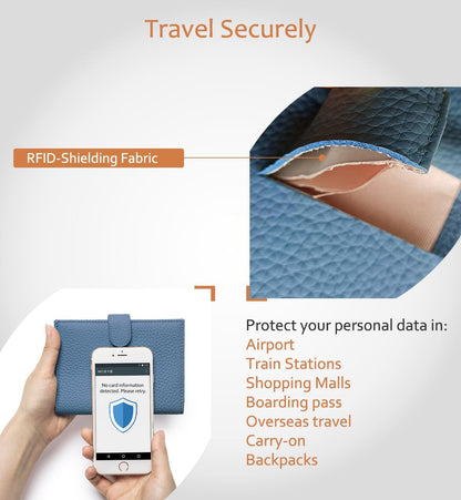 Leather RFID Blocking Passport Holder for Travel Women | Multiple Slim Passport Wallet for Women with Card Slots, Zipper Coin Pocket, Travel Passport Cover Case Gift Ready Denim Blue