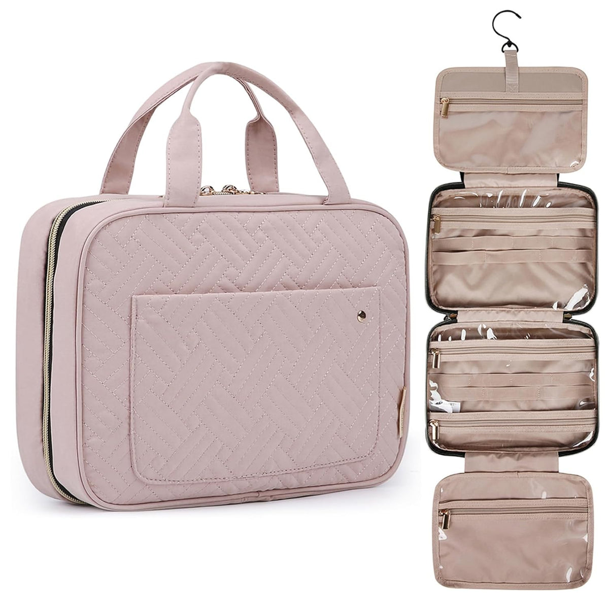 Toiletry Bag Travel Bag with Hanging Hook, Water-resistant Makeup Cosmetic Bag Travel Organizer for Accessories, Shampoo, Full-size Container, Toiletries (Baby Pink, Medium)