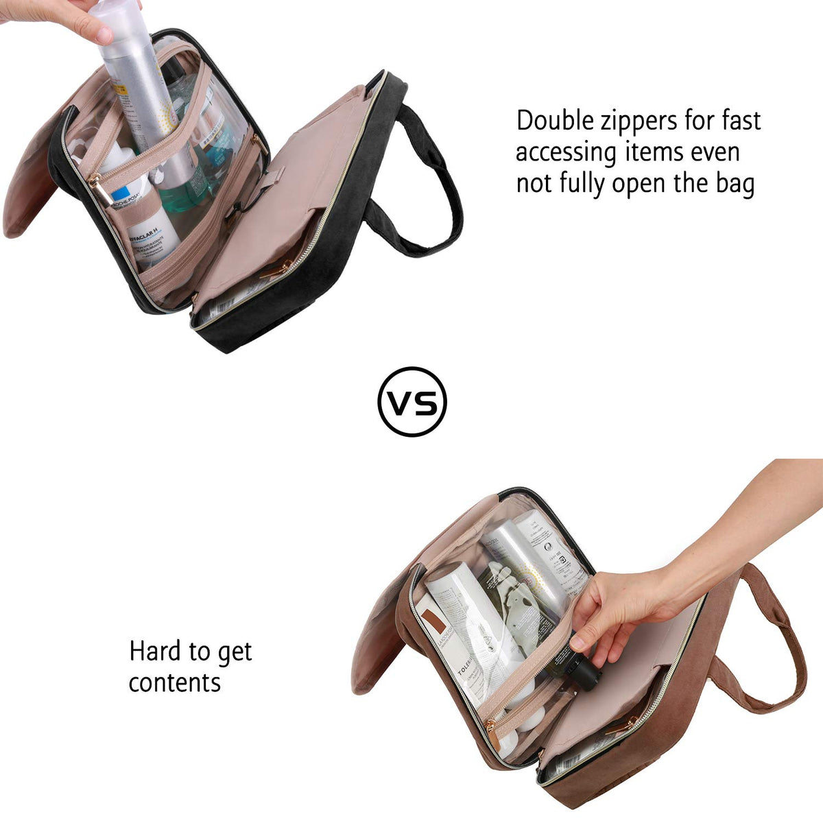 Toiletry Bag Travel Bag with Hanging Hook, Water-resistant Makeup Cosmetic Bag Travel Organizer for Accessories, Shampoo, Full-size Container, Toiletries (Baby Pink, Medium)