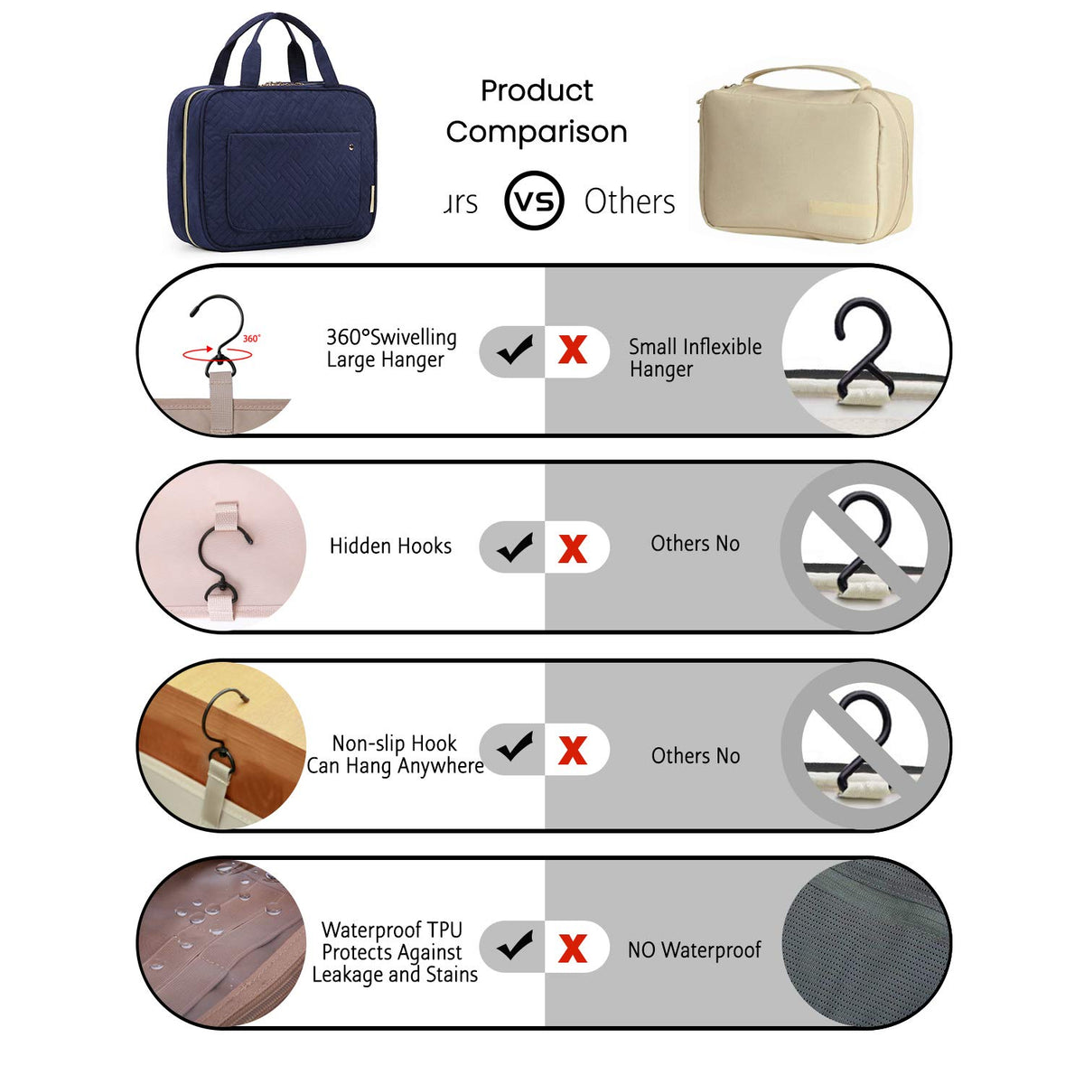 Toiletry Bag Travel Bag with Hanging Hook, Water-resistant Makeup Cosmetic Bag Travel Organizer for Accessories, Shampoo, Full-size Container, Toiletries (Baby Pink, Medium)