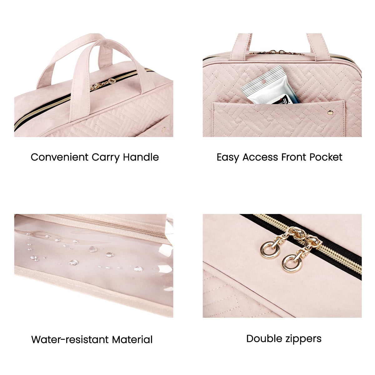 Toiletry Bag Travel Bag with Hanging Hook, Water-resistant Makeup Cosmetic Bag Travel Organizer for Accessories, Shampoo, Full-size Container, Toiletries (Baby Pink, Medium)