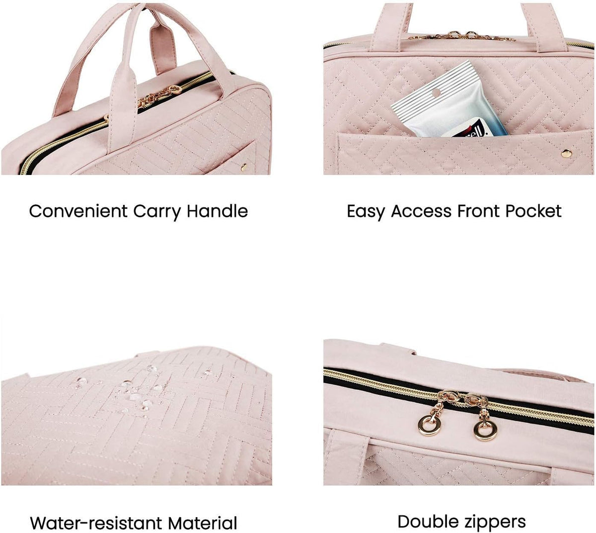 Toiletry Bag Travel Bag with Hanging Hook, Water-resistant Makeup Cosmetic Bag Travel Organizer for Accessories, Shampoo, Full-size Container, Toiletries (Baby Pink, Medium)