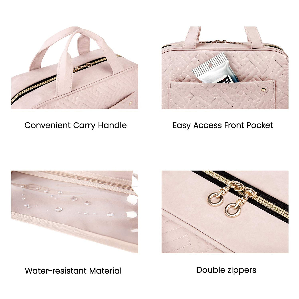 Toiletry Bag Travel Bag with Hanging Hook, Water-resistant Makeup Cosmetic Bag Travel Organizer for Accessories, Shampoo, Full-size Container, Toiletries (Baby Pink, Medium)