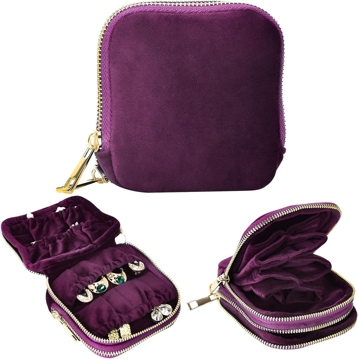 Travel Jewelry Case,Portable Jewelry Organizer Pouch with Soft Velvet,13-Pocket for Necklaces, Bracelets, Earrings & Rings,Mini Jewelry Bag with Smooth Double Metal Zipper,Gifts for Women,Purple