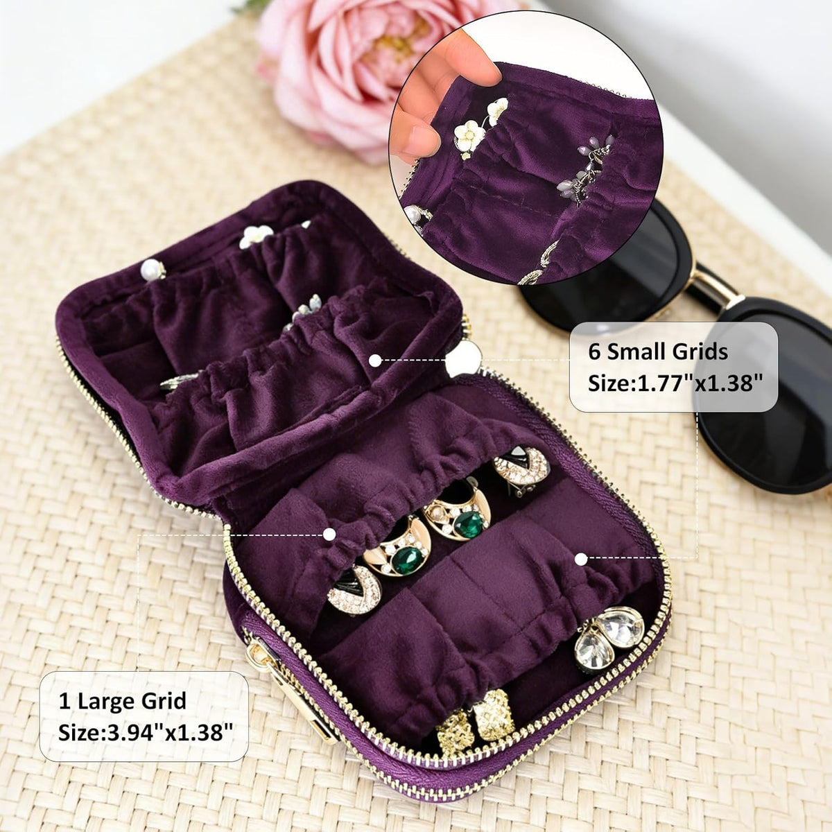 Travel Jewelry Case,Portable Jewelry Organizer Pouch with Soft Velvet,13-Pocket for Necklaces, Bracelets, Earrings & Rings,Mini Jewelry Bag with Smooth Double Metal Zipper,Gifts for Women,Purple