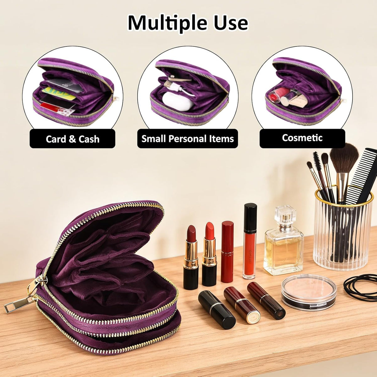 Travel Jewelry Case,Portable Jewelry Organizer Pouch with Soft Velvet,13-Pocket for Necklaces, Bracelets, Earrings & Rings,Mini Jewelry Bag with Smooth Double Metal Zipper,Gifts for Women,Purple