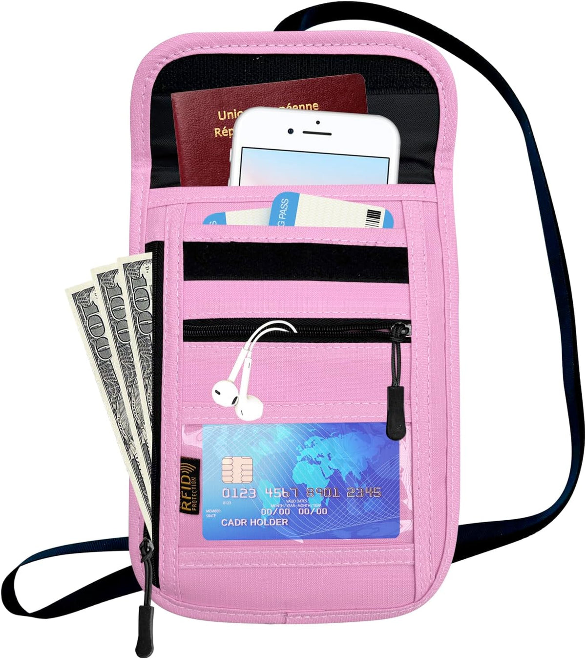 RFID Blocking Travel Neck Wallet Pouch and Passport Holder, Travel Neck Pouch Passport Holder for Women & Men - Red