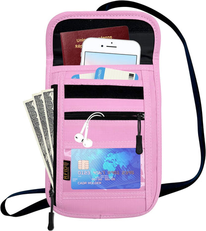 RFID Blocking Travel Neck Wallet Pouch and Passport Holder, Travel Neck Pouch Passport Holder for Women & Men - Red