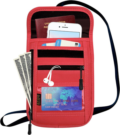 RFID Blocking Travel Neck Wallet Pouch and Passport Holder, Travel Neck Pouch Passport Holder for Women & Men - Red