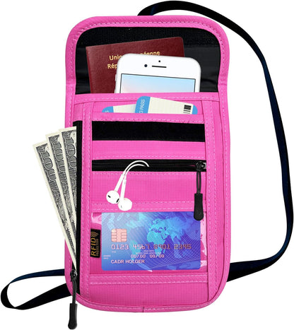 RFID Blocking Travel Neck Wallet Pouch and Passport Holder, Travel Neck Pouch Passport Holder for Women & Men - Red