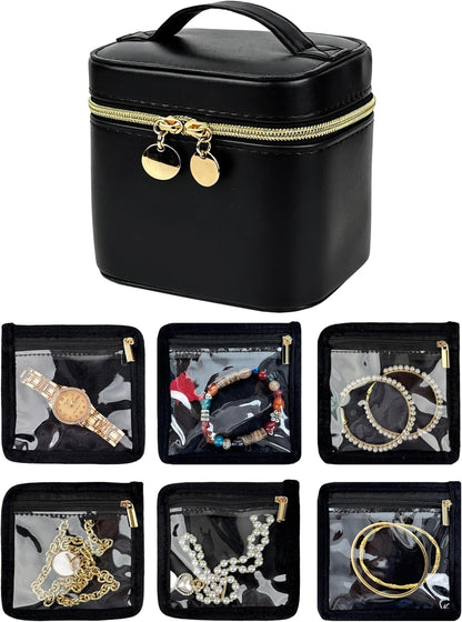 Travel Jewelry Organizer, PU Leather Small Hard-shell Jewelry Box with 6 Velvet Pouches for Earrings Rings Necklace Bracelet Watch, Compact Jewelry Travel Case for Women Gift