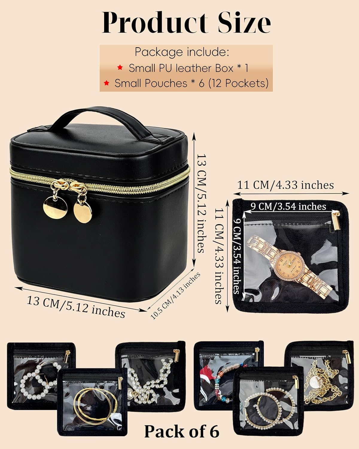 Travel Jewelry Organizer, PU Leather Small Hard-shell Jewelry Box with 6 Velvet Pouches for Earrings Rings Necklace Bracelet Watch, Compact Jewelry Travel Case for Women Gift