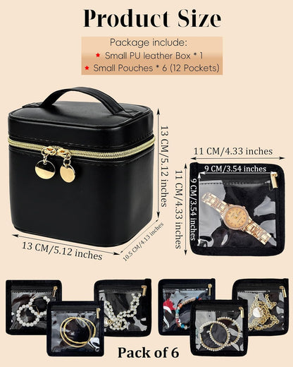 Travel Jewelry Organizer, PU Leather Small Hard-shell Jewelry Box with 6 Velvet Pouches for Earrings Rings Necklace Bracelet Watch, Compact Jewelry Travel Case for Women Gift