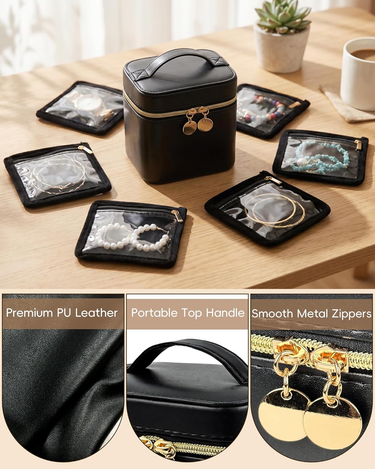 Travel Jewelry Organizer, PU Leather Small Hard-shell Jewelry Box with 6 Velvet Pouches for Earrings Rings Necklace Bracelet Watch, Compact Jewelry Travel Case for Women Gift