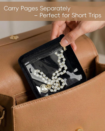 Travel Jewelry Organizer, PU Leather Small Hard-shell Jewelry Box with 6 Velvet Pouches for Earrings Rings Necklace Bracelet Watch, Compact Jewelry Travel Case for Women Gift