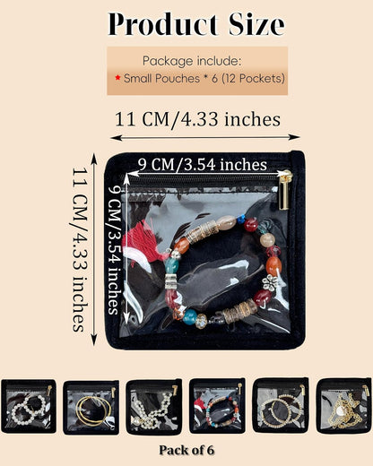 Travel Jewelry Organizer, PU Leather Small Hard-shell Jewelry Box with 6 Velvet Pouches for Earrings Rings Necklace Bracelet Watch, Compact Jewelry Travel Case for Women Gift