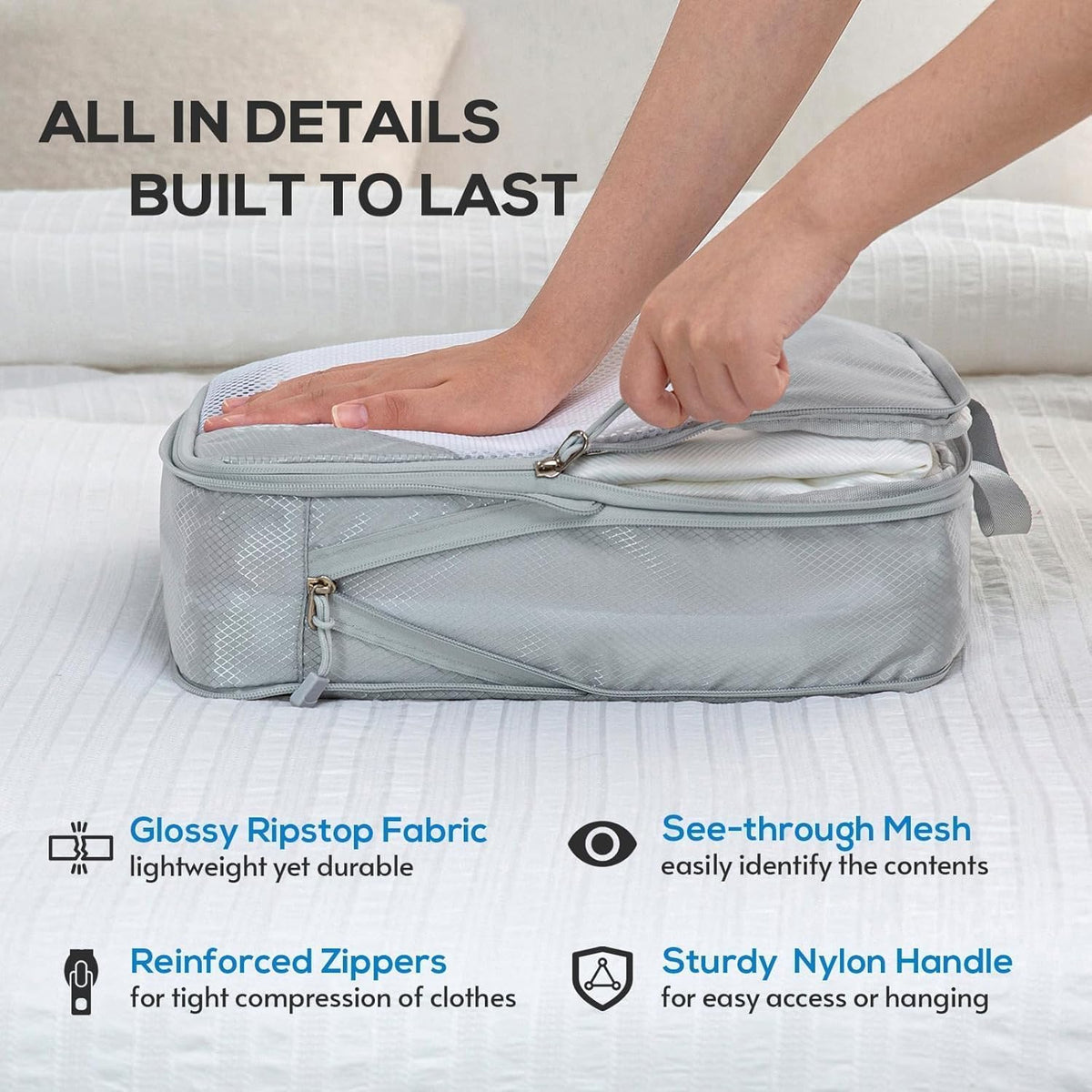 Compression Packing Cubes, Packing Cubes for Travel Compression, Lightweight Compressible Package Organizer for Carry On and Suitcases, Light Grey