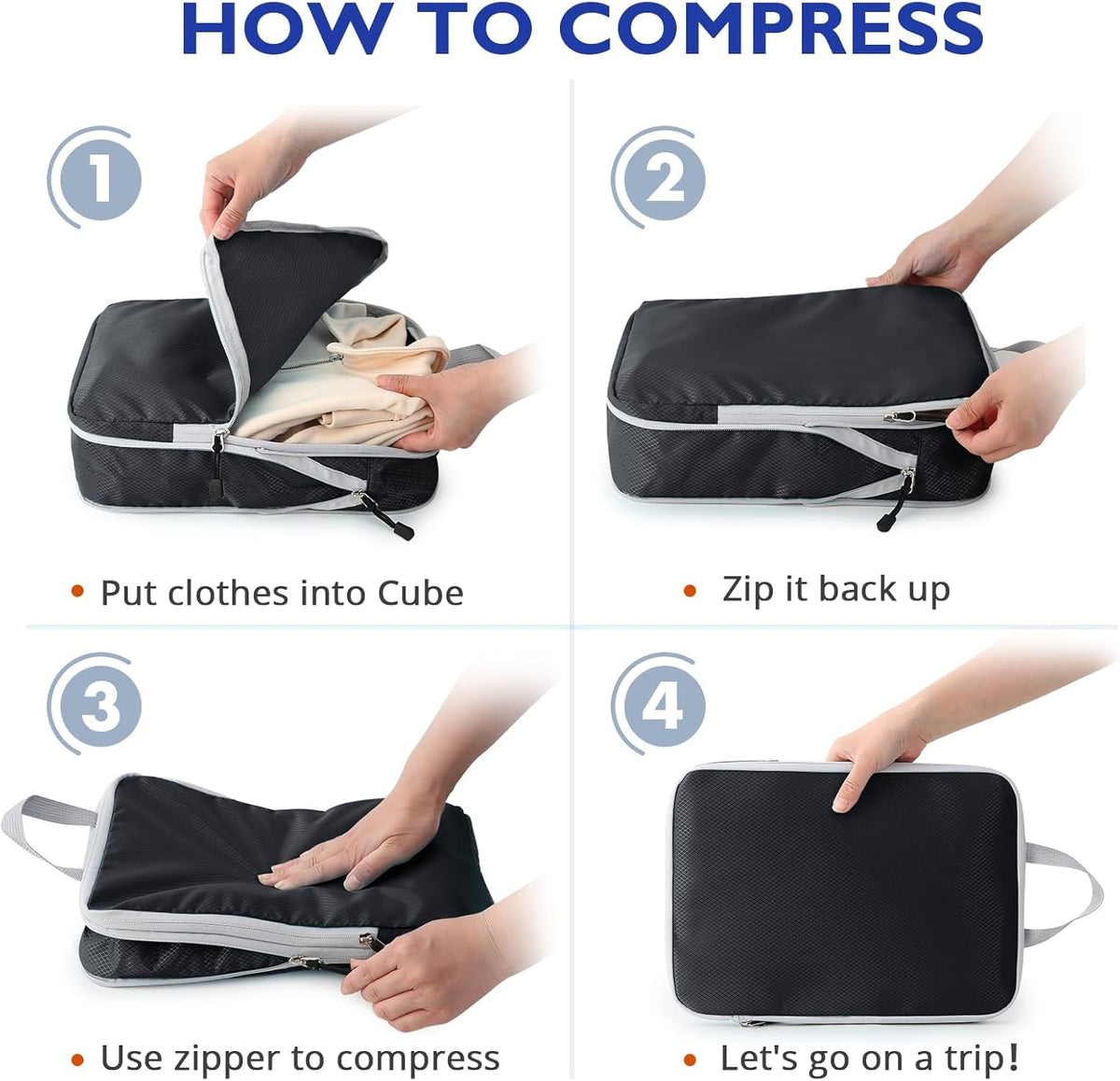 Compression Packing Cubes, Packing Cubes for Travel Compression, Lightweight Compressible Package Organizer for Carry On and Suitcases, Light Grey