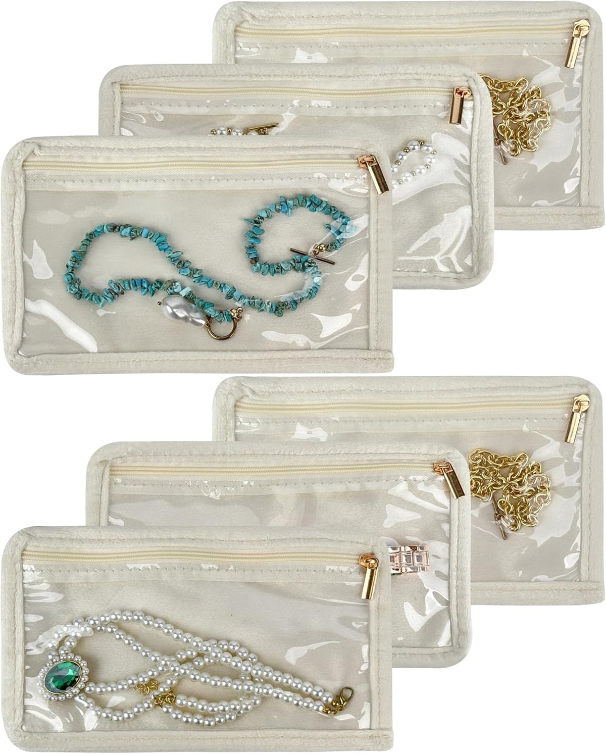 Travel Jewelry Organizer Case Refill Pages-12 Compartments Clear Zipper Velvet Pockets for Rings Earrings Necklaces,1-Section Replacement Pages, Beige,Pack of 6