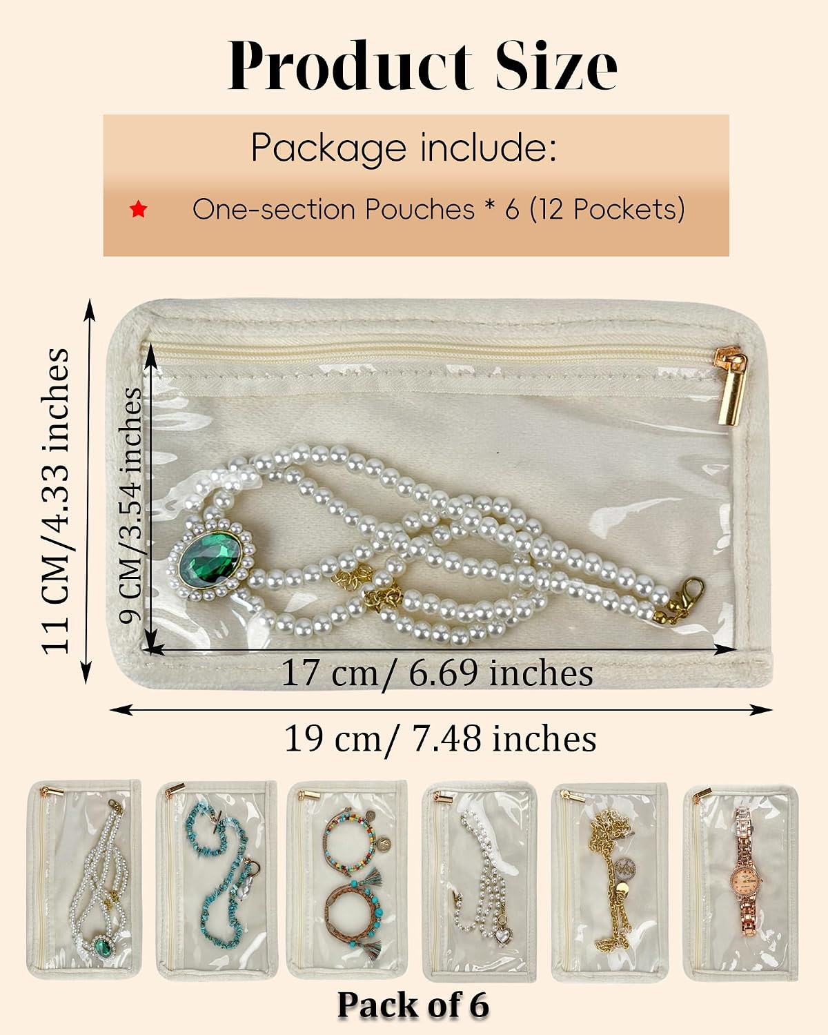 Travel Jewelry Organizer Case Refill Pages-12 Compartments Clear Zipper Velvet Pockets for Rings Earrings Necklaces,1-Section Replacement Pages, Beige,Pack of 6