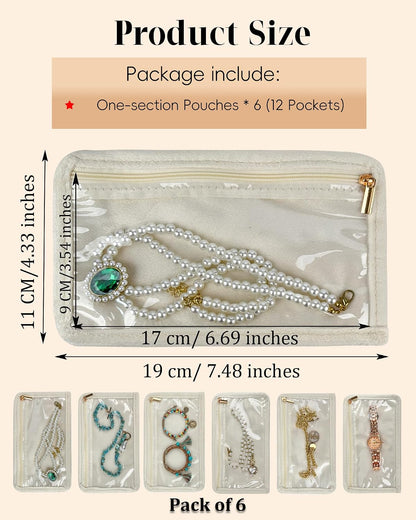 Travel Jewelry Organizer Case Refill Pages-12 Compartments Clear Zipper Velvet Pockets for Rings Earrings Necklaces,1-Section Replacement Pages, Beige,Pack of 6