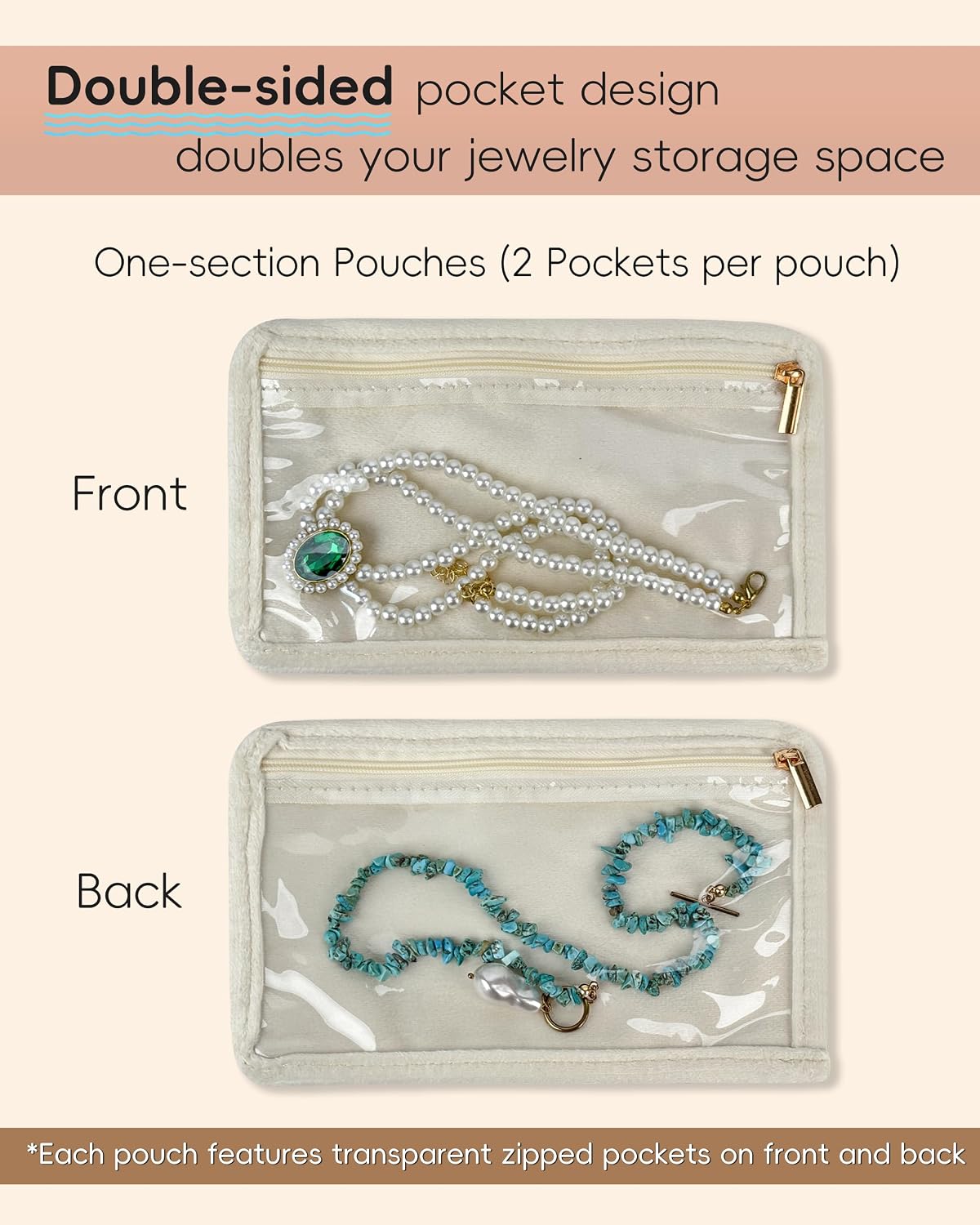 Travel Jewelry Organizer Case Refill Pages-12 Compartments Clear Zipper Velvet Pockets for Rings Earrings Necklaces,1-Section Replacement Pages, Beige,Pack of 6