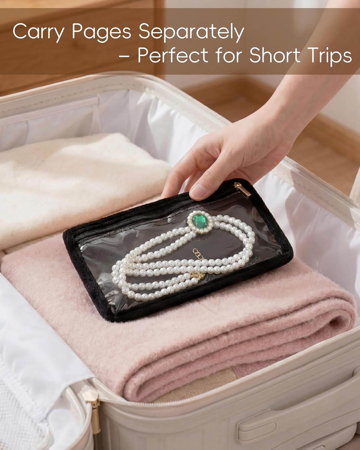 Travel Jewelry Organizer Case Refill Pages-12 Compartments Clear Zipper Velvet Pockets for Rings Earrings Necklaces,1-Section Replacement Pages, Beige,Pack of 6