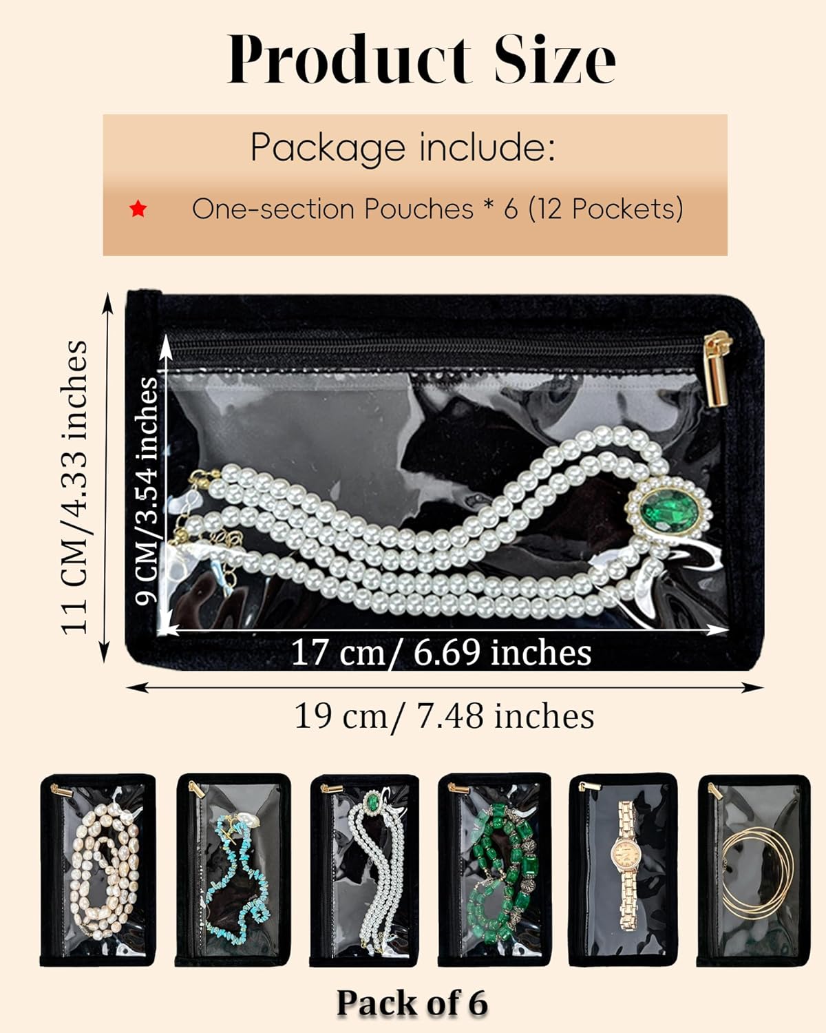 Travel Jewelry Organizer Case Refill Pages-12 Compartments Clear Zipper Velvet Pockets for Rings Earrings Necklaces,1-Section Replacement Pages, Beige,Pack of 6