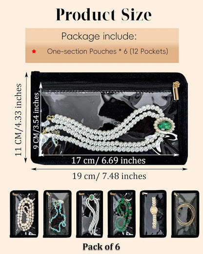 Travel Jewelry Organizer Case Refill Pages-12 Compartments Clear Zipper Velvet Pockets for Rings Earrings Necklaces,1-Section Replacement Pages, Beige,Pack of 6