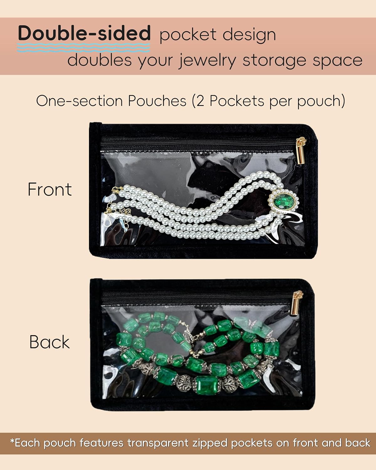Travel Jewelry Organizer Case Refill Pages-12 Compartments Clear Zipper Velvet Pockets for Rings Earrings Necklaces,1-Section Replacement Pages, Beige,Pack of 6
