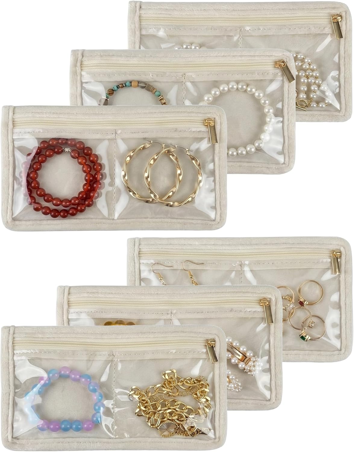 Travel Jewelry Organizer Case Refill Pages-12 Compartments Clear Zipper Velvet Pockets for Rings Earrings Necklaces,1-Section Replacement Pages, Beige,Pack of 6