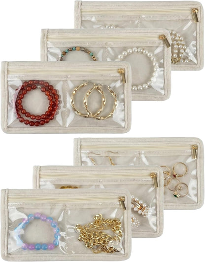 Travel Jewelry Organizer Case Refill Pages-12 Compartments Clear Zipper Velvet Pockets for Rings Earrings Necklaces,1-Section Replacement Pages, Beige,Pack of 6