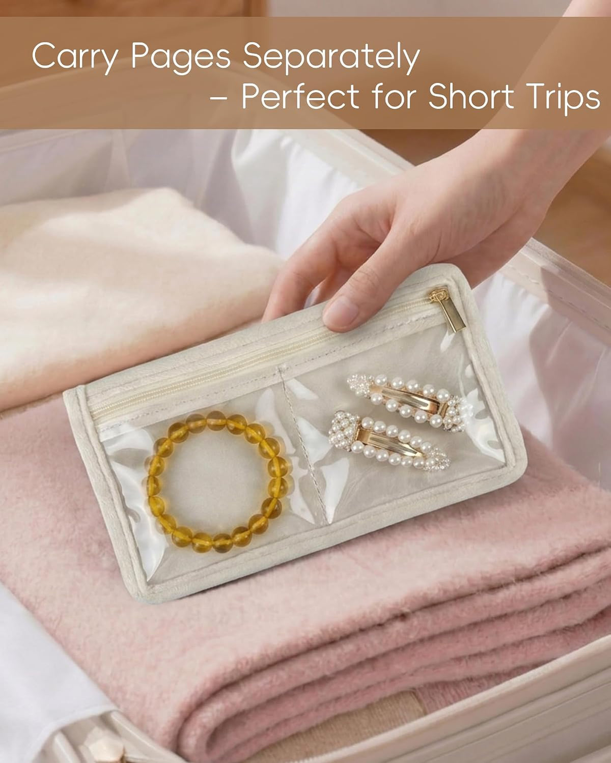 Travel Jewelry Organizer Case Refill Pages-12 Compartments Clear Zipper Velvet Pockets for Rings Earrings Necklaces,1-Section Replacement Pages, Beige,Pack of 6