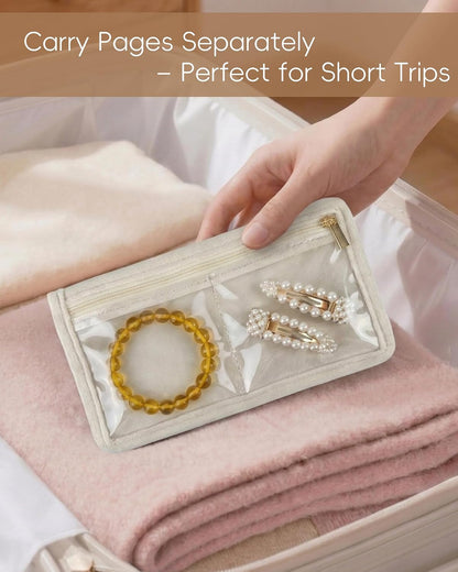 Travel Jewelry Organizer Case Refill Pages-12 Compartments Clear Zipper Velvet Pockets for Rings Earrings Necklaces,1-Section Replacement Pages, Beige,Pack of 6