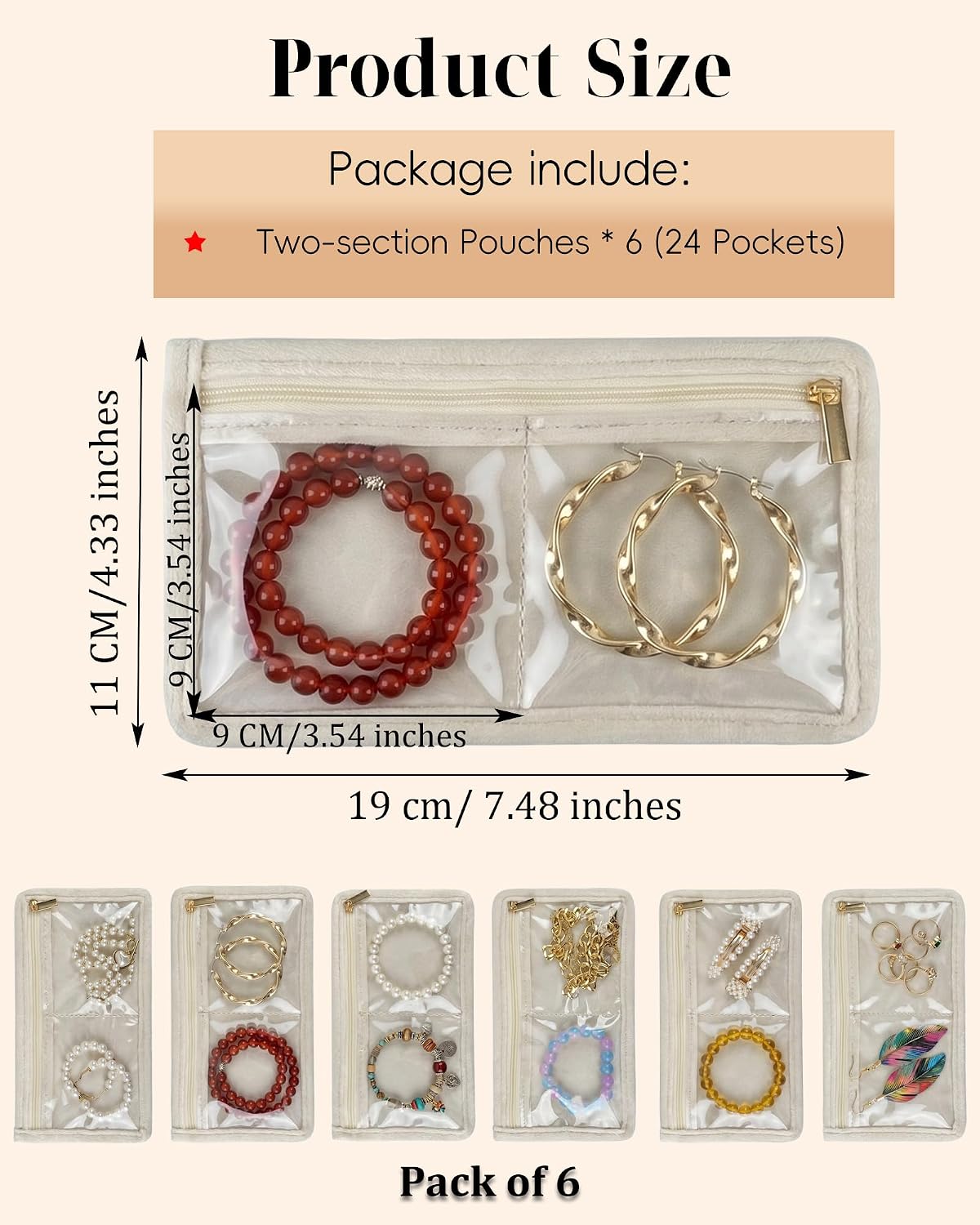 Travel Jewelry Organizer Case Refill Pages-12 Compartments Clear Zipper Velvet Pockets for Rings Earrings Necklaces,1-Section Replacement Pages, Beige,Pack of 6
