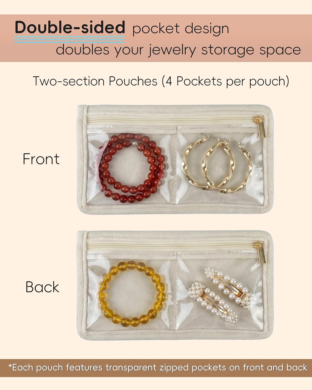 Travel Jewelry Organizer Case Refill Pages-12 Compartments Clear Zipper Velvet Pockets for Rings Earrings Necklaces,1-Section Replacement Pages, Beige,Pack of 6
