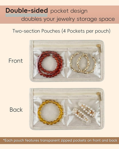 Travel Jewelry Organizer Case Refill Pages-12 Compartments Clear Zipper Velvet Pockets for Rings Earrings Necklaces,1-Section Replacement Pages, Beige,Pack of 6