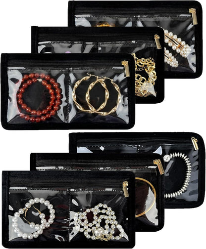 Travel Jewelry Organizer Case Refill Pages-12 Compartments Clear Zipper Velvet Pockets for Rings Earrings Necklaces,1-Section Replacement Pages, Beige,Pack of 6