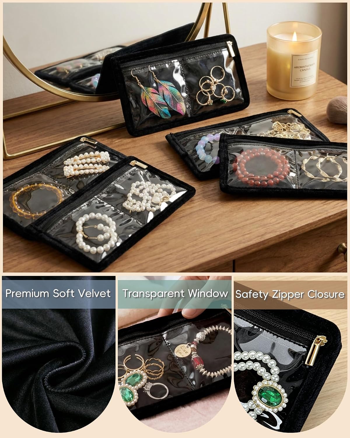 Travel Jewelry Organizer Case Refill Pages-12 Compartments Clear Zipper Velvet Pockets for Rings Earrings Necklaces,1-Section Replacement Pages, Beige,Pack of 6
