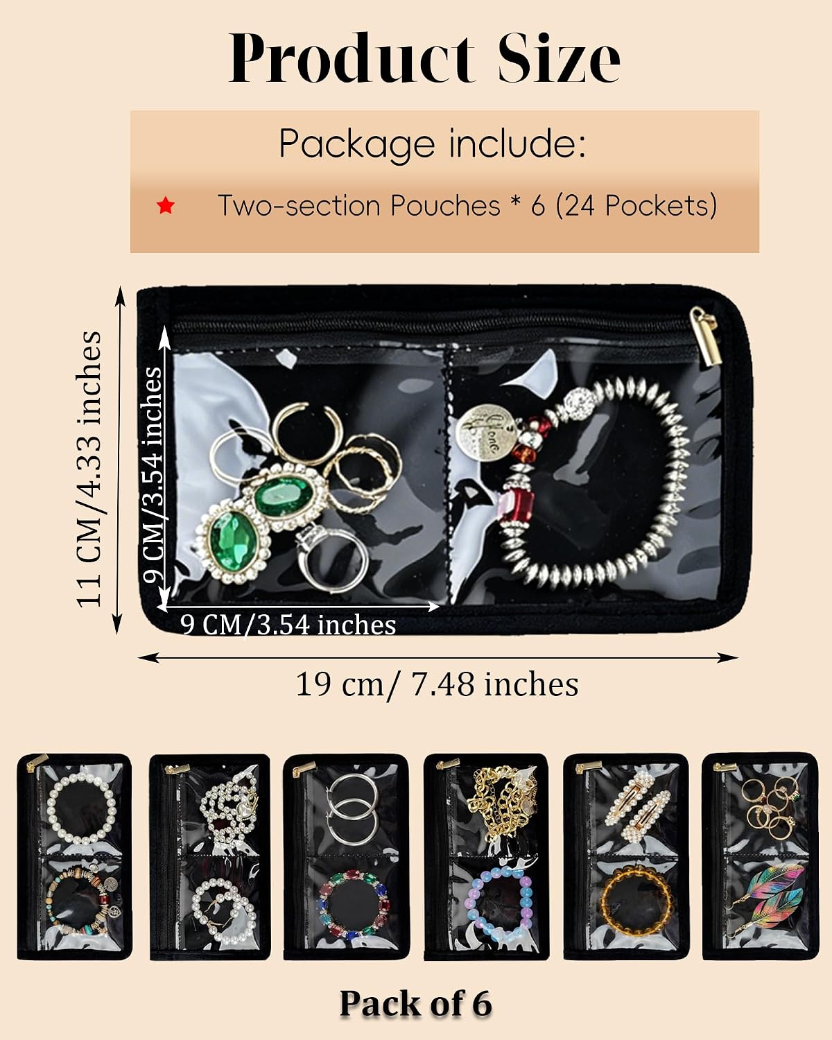 Travel Jewelry Organizer Case Refill Pages-12 Compartments Clear Zipper Velvet Pockets for Rings Earrings Necklaces,1-Section Replacement Pages, Beige,Pack of 6
