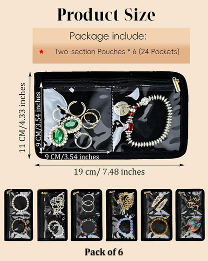 Travel Jewelry Organizer Case Refill Pages-12 Compartments Clear Zipper Velvet Pockets for Rings Earrings Necklaces,1-Section Replacement Pages, Beige,Pack of 6