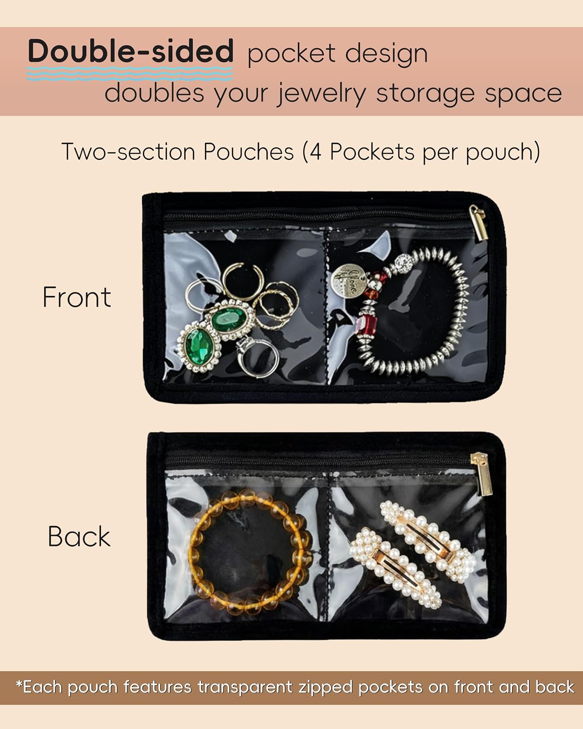 Travel Jewelry Organizer Case Refill Pages-12 Compartments Clear Zipper Velvet Pockets for Rings Earrings Necklaces,1-Section Replacement Pages, Beige,Pack of 6