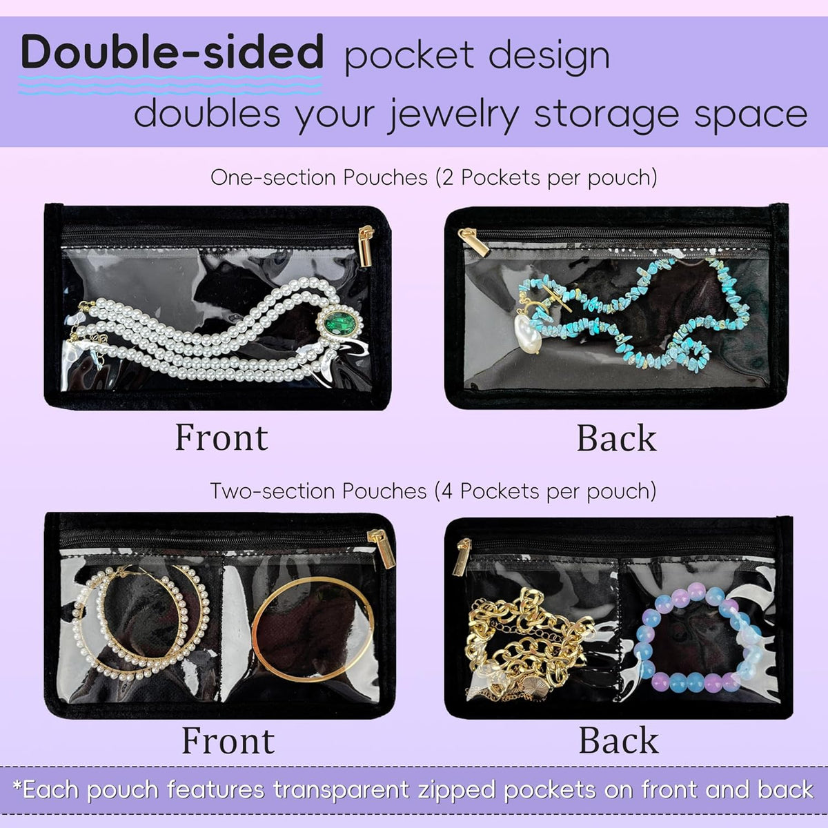 Travel Jewelry Organizer Case Refill Pages-12 Compartments Clear Zipper Velvet Pockets for Rings Earrings Necklaces,1-Section Replacement Pages, Beige,Pack of 6