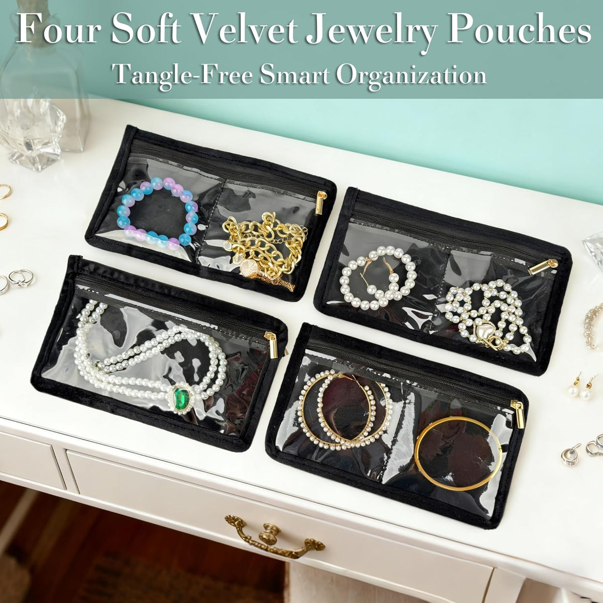 Travel Jewelry Organizer Case Refill Pages-12 Compartments Clear Zipper Velvet Pockets for Rings Earrings Necklaces,1-Section Replacement Pages, Beige,Pack of 6