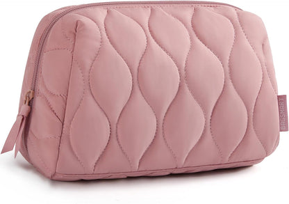 Makeup Bag, Travel Cosmetic Bag, Puffy Padded Make Up Bag for Women, Makeup Organizer Case, Wide-open Pouch Purse, Travel Essentials, Toiletries Accessories Brushes, Pink