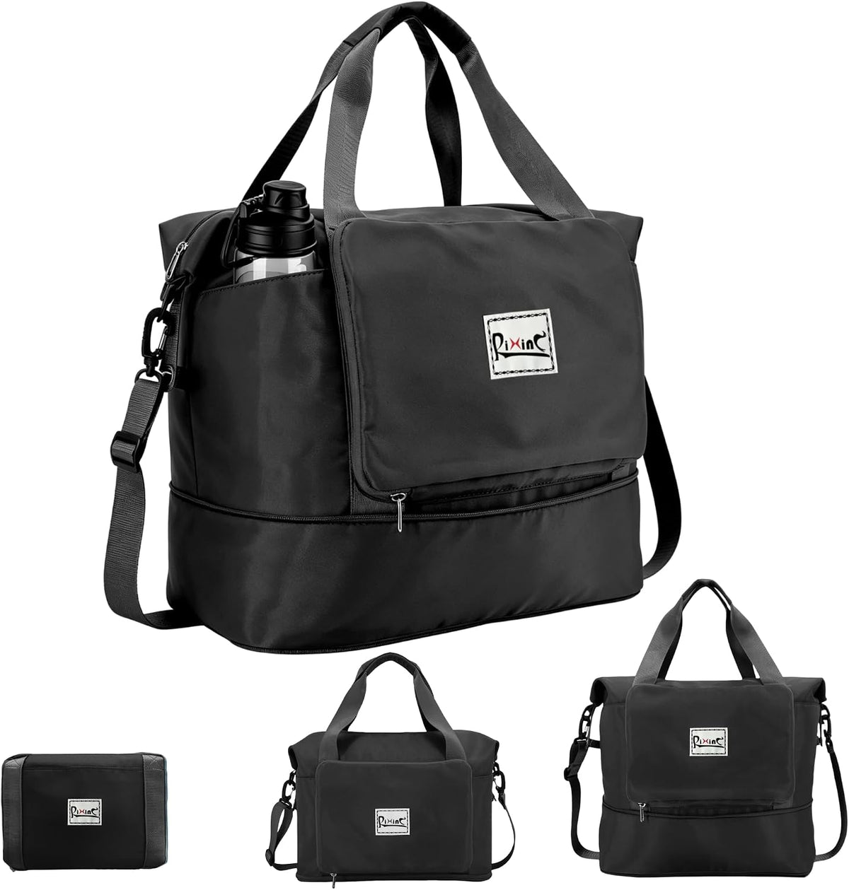 Foldable Travel Duffel Bag for Women, Black | 40L Expandable Carry on Bag Personal Item Flight Approved Lightweight Water Resistant Overnight Weekender Bag, Nylon